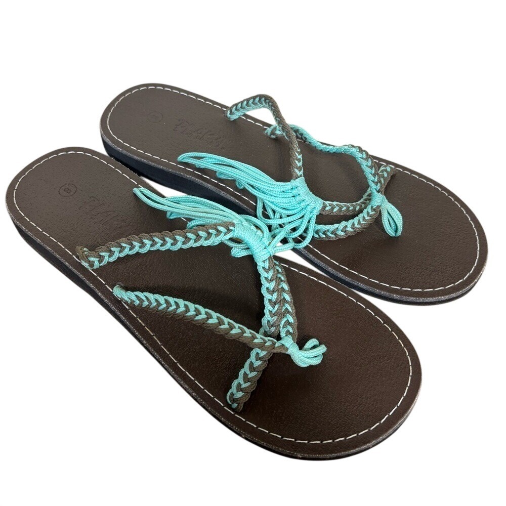 Plaka‎ Oceanside Flat Sandals Size 8 Turquoise Brown Braided Rope Bohemian